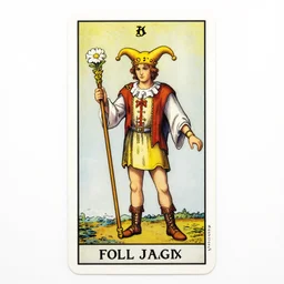 an occult tarot card, the fool who is a madman holding a staff and a white flower, clever design, ornate border, playing card, by hannah hoch and jesse treece and christian jackson and josh brill