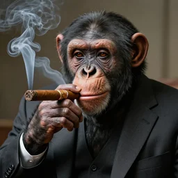 a high detail shot of a  chimp wearing a suit, smoking a cigar, render, cgsociety, photorealism