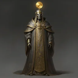 full body portrait of sci - fi tech priest with a golden disc on a decorated helmet, highly detailed, digital painting, artstation, concept art, smooth and sharp focus, illustration, art by tian zi and wlop and alphonse mucha