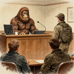 Courtroom sketch of Big Foot testifying against a hunter