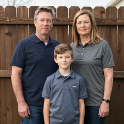 portrait of family of three, husband wife and son, king of the hill by mike judge, hill family, hank peggy bobby, standing in front of a wooden fence, neutral expressions, professional family portrait, family of three,