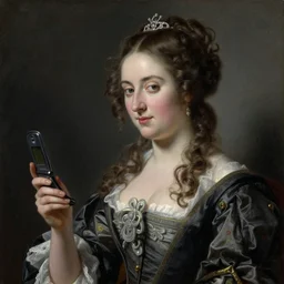 “portrait of Ada Lovelace holding a flip phone, highly detailed, circa 1615, oil on linen, Chiaroscuro, painted by Artemisia Gentileschi”