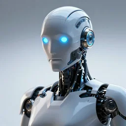 futuristic robot with neon eyes, hyperrealistic, cinematic, sleek, epic