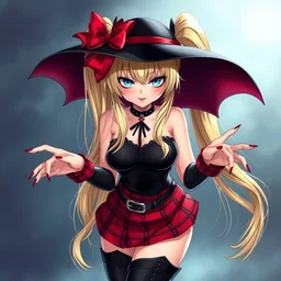 absolutely beautiful art of [ junko enoshima ], an evil gyaru model with long blonde pigtails, a black top, a red plaid skirt, and knee high boots, expressive blue! eyes, long red nails, very beautiful, japanese, villianess, art by artgerm, stanley lau, greg rutkowski, cyrine, alphonse mucha, beautiful colors and lighting,