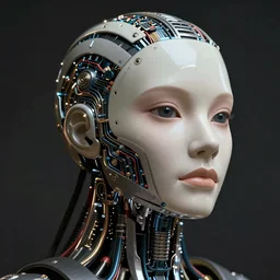 portrait of a cyborg taking off her human mask, revealing circuits and wires, octane render, alex ross