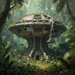 abandoned brutalist alien space station in lush jungle, close up, marek okon, digital painting, xf iq 4, f / 1. 4, iso 2 0 0, 1 / 1 6 0 s, 8 k, raw, featured in artstation, octane render, cinematic, elegant, intricate, 8 k