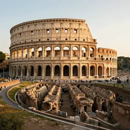 the roman colosseum designed by zaha hadid, overhead view, golden hour, 4K Photograph