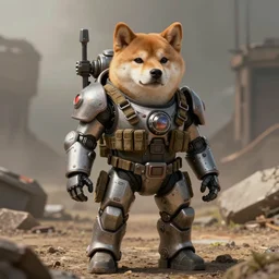anthropomorphic shiba inu, wearing tactical military exoskeleton, sci - fi, warhammer 4 0 k style, post apocalyptic background