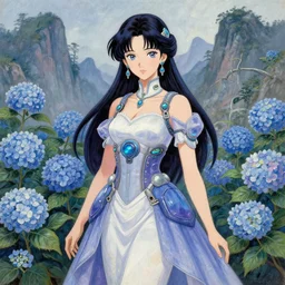 southeast asian princess of the hydrangea mountains, wearing a lovely dress with cyberpunk elements. this gouache painting by the award - winning mangaka has an interesting color scheme, plenty of details and impeccable lighting.