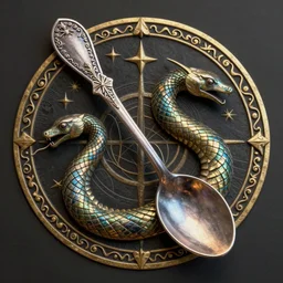 a spoon in the shape of a double serpent, alchemical drawing,, 8 k, unreal, high resolution, vivid colours, 3 d render, middle ages, romanesque, futuristic, 8 k,