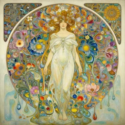 an intricate oil painting of a beautifull godess of earth portrait surounded by hiper detailed inkdrop in water, flowers, fluid acrilic art, melting colorfull wax, coloful flower petals, colorfull, excelent composition, wide shot, by yoshitaka amano, by greg rutkowski, by alphonse mucha by jeremyg lipkinng, by rhads