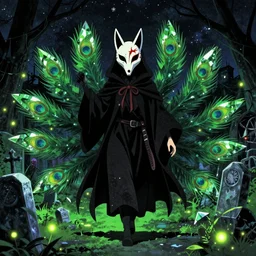 an anime cover about an undead toxic biohazard wraith like wizard with a painted skeletal fox shaped plague doctor mask face, 9 massive fox crystal peacock tails, walking through a calming graveyard under starry skies, spooky, halloween decorations, fireflies, wonder, anime, furry, peaceful, street view, grainy, neon green, black, vhs, art by yuji ikehata, trending on art station