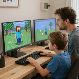 dad and son playing minecraft video games together, ultra detailed, delicate.