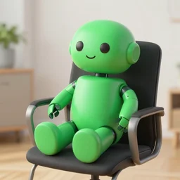 a green robot sitting in a chair