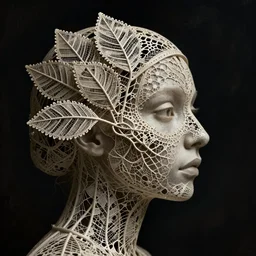 a woman's face in profile, made of intricate decorative lace leaf skeleton, in the style of the dutch masters and gregory crewdson, dark and moody