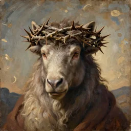 walrus wearing a crown of thorns, solemn, religious painting, christian imagery