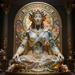 vibrant ultra clear sculpture of beautiful cute cyborg roman god meditation position by sandra chevrier ron english alphonse mucha, cybernetics, low contrast, cinematic dramatic lighting, hyper realistic detailed render, hypermaximalist, ornate, epic composition, 4 k 8 k, cryengine octane blender, sharp focus, concept art, masterpiece of art