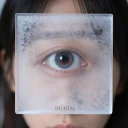 a transparent sheet of intact frosted ice refracting an eye behind it, XF IQ4, f/1.4, ISO 200, 1/160s, 8K, RAW, unedited, symmetrical balance, in-frame