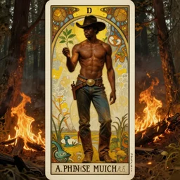 a dramatic ethereal epic painting of a handsome black cowboy offering a small plant | he is shirtless and wearing a hat and boots | background is a forest on fire | tarot card, art deco, art nouveau, homoerotic | by Mark Maggiori and Alphonse Mucha | trending on artstation