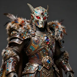 fantasy art ultra 4 k photo of a bizzare metal colorful armor warrior red glowing eyes mask made of ceramic gem fur and feather trim intricately spectacular magnificently story carved by a master engraver by h. r. giger