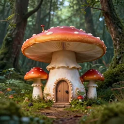 a mushroom house in an enchanted forest