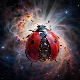 a beautiful artwork illustration, a mechanical ladybug floating across a galactic nebula, volumetric fog, godrays, high contrast, high contrast, high contrast, vibrant colors, vivid colors, high saturation, by Greg Rutkowski and Jesper Ejsing and Raymond Swanland, featured on artstation, wide angle, vertical orientation