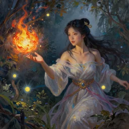 female portrait, hapa sorceress chasing will-o-wisps casting a fireball in a garden, fantasy oil painting