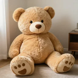 a large realistic teddy bear in a room, taking up most of the room, realistic lighting