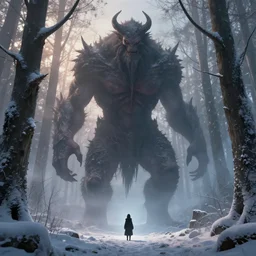 tall humanoid mythical monster looming over a tiny human in a winter forest at dawn, ethereal fantasy, blooodborne, artstation, agostino arrivabene