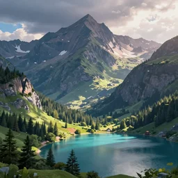 mountains, trees, and lake, in the style of pixar