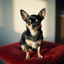 a photograph of a small black and tan chihuahua, sat on a red velvet cushion, early morning light, fuji velvia, 50mm focal length