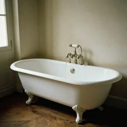 an old bathroom in france, an antique white clawfoot bathtub, wooden floor, soft lighting from the left, cinematic, film, by jeremy lipking, joseph todorovitch, greg rutkowski