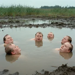 movie still by tarkovsky of obese heads that are floating in a mud pond, swamp backround, cinestill 8 0 0 t 3 5 mm b & w, heavy grain, high quality, noir, natural textures, photorealistic, ambient occlusion, hd, ultra wide lens, anamorphic