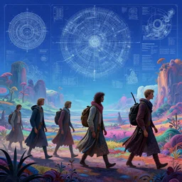 group of gamma world mutant merchant nomads walking through a psychedelic landscape, in the style of Rob Lefield and Greg Broadmore and Arthur Rackham and Moebius, trending on artstation, light lighting side view,digital art,surrealism ,macro,blueprint ,vaporwave ,