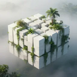 an island made of perfect white cubes with overgrown plants, concept art, trending on artstation, by greg rutkowski, cinematic, morning fog
