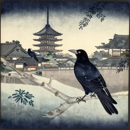 shibori katazome depicting an ukiyo - e scene of ravens in kyoto