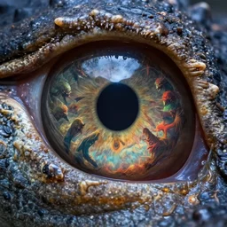 macro photography of an alligator iris which is a portal to another world, the world filled with horror anime creatures, cinematic light, highly detailed, sharp focus, high resolution