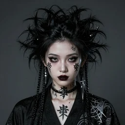 japanese gothic model with maximalist hair style and kanji tattoos, style of trinity from the matrix, dark colors, fashion model, portrait shot, depth of field, 8 k, hyper detailed, intricate, trending on artstation