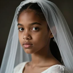 a photorealistic hyperrealistic, bright brown eyes, light skinned african young girl, ponytail hair, flawless face, beautiful lips, cute face, gorgeous white veil, by wlop, artgerm, greg rutwoski, alphonse mucha, beautiful dynamic dramatic low - light moody lighting, cinematic atmosphere, artstation, concept design art, octane render, 8 k