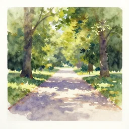 small centered on watercolor paper, paint brush strokes, abstract watercolor painting of royal park, daylight, shadows, covering foliage over luxurious pathway, sunlight shining through, translucent leaves, cinematic light, national romanticism by hans dahl, by jesper ejsing, by anders zorn, by greg rutkowski, by greg manchess, by tyler edlin