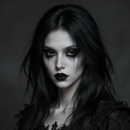 portrait painting of an androgynous goth witch with shoulder length flowing black hair pale skin and beautiful dark brown eyes, ultra realistic, concept art, intricate details, eerie, highly detailed, photorealistic, octane render, 8 k, unreal engine. art by artgerm and greg rutkowski and alphonse mucha