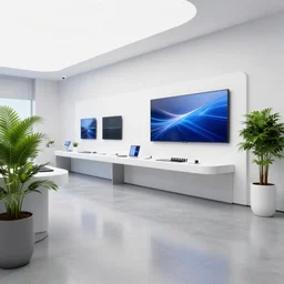 hyperdetailed samsung store, polished concrete, white walls, digital screens, curved furniture, verdant plants.