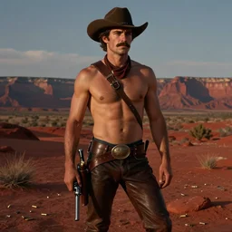 an dramatic homoerotic painting of a handsome mustachioed shirtless cowboy with a bandolier and revolvers | he is wearing pauldrons, and leather pants | red desert mesa background at twilight, ground littered with bullet casings | by bill ward, by tom of finland, by clyde aspevig, by thomas moran | trending on artstation