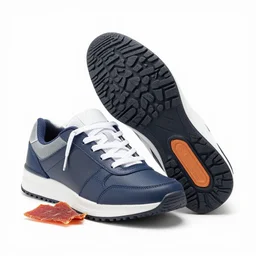 sports shoe with sole compartment sliding aside, slice of jerky inside, product photo