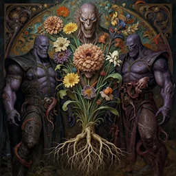 the platonic ideal of flowers and roots of cletus kasady ultimate carnage thanos dementor doctor doom chtulu nazgul, detailed, intricate, hyperrealism, intense, scary, decay, dmt, art by brock hofer and artgerm and greg rutkowski and alphonse mucha