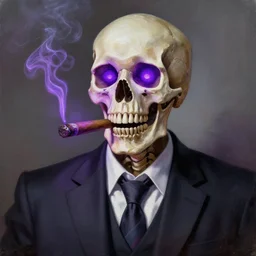 a painting of a skeleton wearing a business suit and smoking a glowing purple cigar with glowing purple eyes, digital art, portrait, detailed