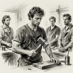 film scene, charcoal sketch of charlie day, a blacksmith holding a hammer, casey baugh, louis smith, jeff haines, frank miller
