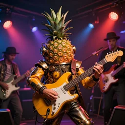 a steampunk pineapple, playing electric guitar at a night club, focus on the musicians, cinematic lighting, exaggerated detailed, unreal engine, octane render, trending on artstation, art by greg rutkowski, 4 k
