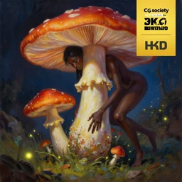 dark skinned woman merging with a mushroom, a creature that is half human half mushroom with long arms and long legs, fireflies, vivid colours, ultra realistic, beautiful realistic oil painting, detailed matte painting, cg society contest winner, behance contest winner, artstation, 4 k uhd art, unreal engine 5
