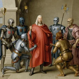 an inquisition of robots judging humans for crimes, bruegel
